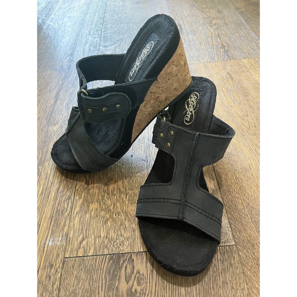 Skechers Modiste Style File Wedge Sandal Open Toe BlacLeather 47326 Sz Womens 7